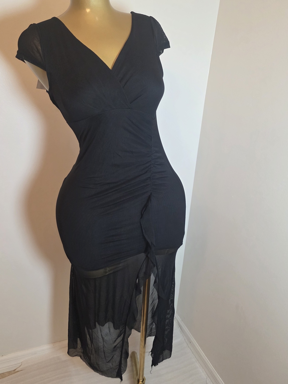 Black Ruched V-Neck Maxi Dress - Women
